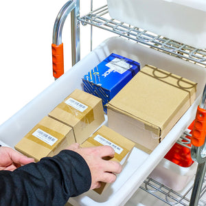 Narrow aisle ecommerce order picking and fulfilment roll cage trolley with 5 shelves and 6 totes. 710mm(L) x 480mm(W) x 1,735mm(H)