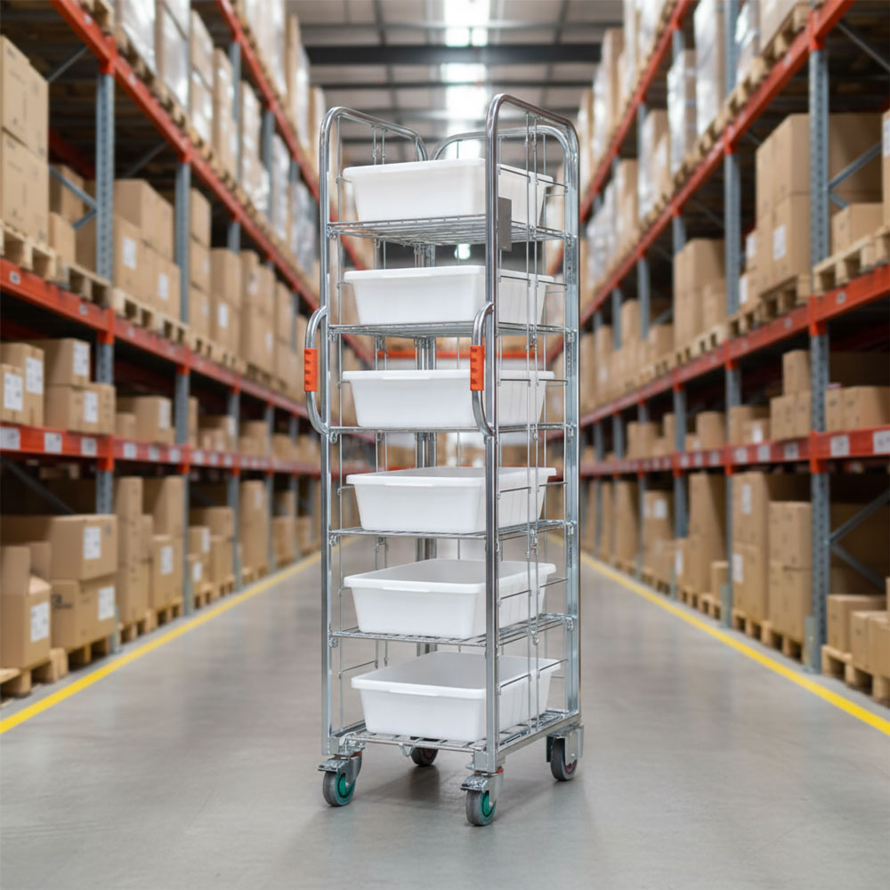 Narrow aisle ecommerce order picking and fulfilment roll cage trolley with 5 shelves and 6 totes. 710mm(L) x 480mm(W) x 1,735mm(H)