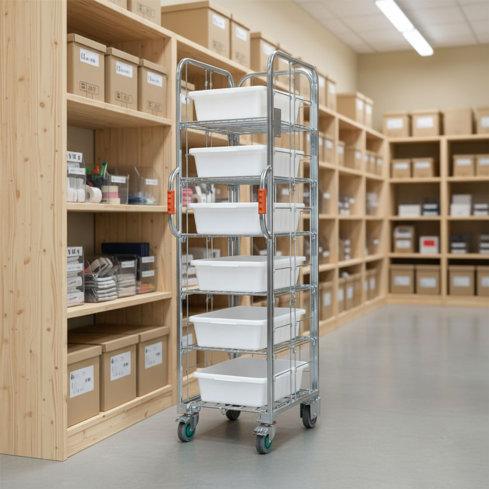 Narrow aisle ecommerce order picking and fulfilment roll cage trolley with 5 shelves and 6 totes. 710mm(L) x 480mm(W) x 1,735mm(H)