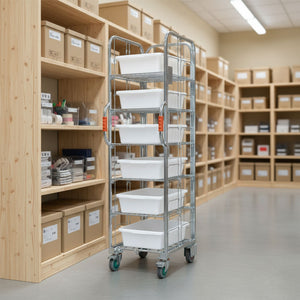 Narrow aisle ecommerce order picking and fulfilment roll cage trolley with 5 shelves and 6 totes. 710mm(L) x 480mm(W) x 1,735mm(H)