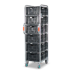 Narrow aisle ecommerce order picking and fulfilment roll cage trolley with 5 shelves and 6 collapsible crates. 710mm(L) x 480mm(W) x 1,735mm(H)