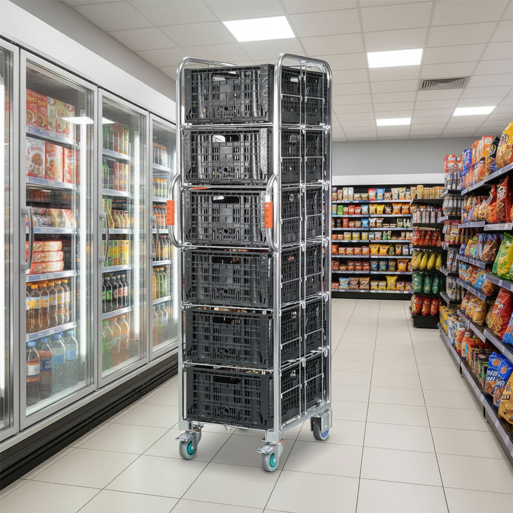 Narrow aisle ecommerce order picking and fulfilment roll cage trolley with 5 shelves and 6 collapsible crates. 710mm(L) x 480mm(W) x 1,735mm(H)