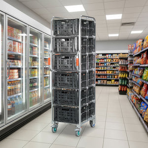 Narrow aisle ecommerce order picking and fulfilment roll cage trolley with 5 shelves and 6 collapsible crates. 710mm(L) x 480mm(W) x 1,735mm(H)