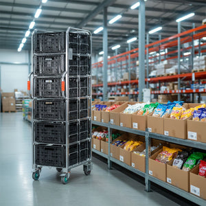Narrow aisle ecommerce order picking and fulfilment roll cage trolley with 5 shelves and 6 collapsible crates. 710mm(L) x 480mm(W) x 1,735mm(H)