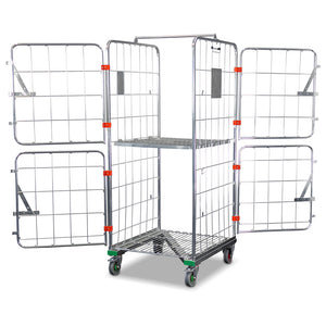 Z-base roll cage with folding middle shelf and split doors open