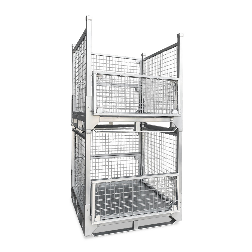 mesh stillage cages stacked with doors half open