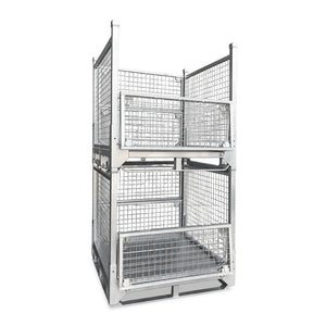 mesh stillage cages stacked with doors half open