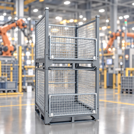 storage cages stacked with doors folded down