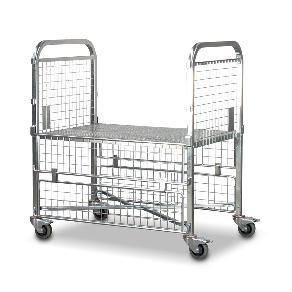 mesh cage trolley with folding doors all the way down. clear access from both sides