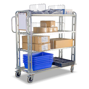 Metal storage trolley with shelves and dividers holding boxes and bins on a white background