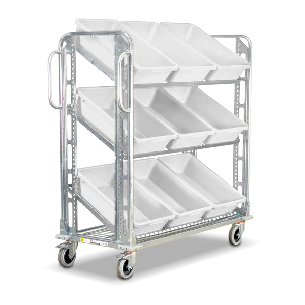 ecommerce order picking trolley with tilted shelves and 9 totes