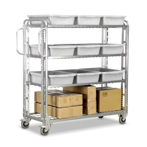 Metal rolling cart with multiple shelves and boxes on a white background