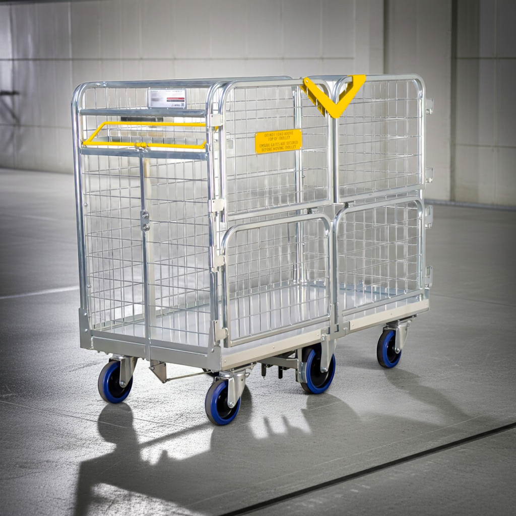 Metal wire cart with yellow handles on a concrete floor