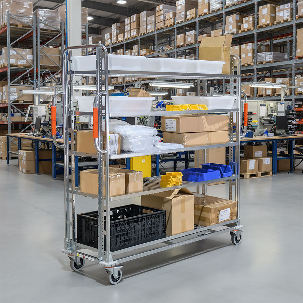 heavy duty steel warehouse order picking trolley with mixed goods