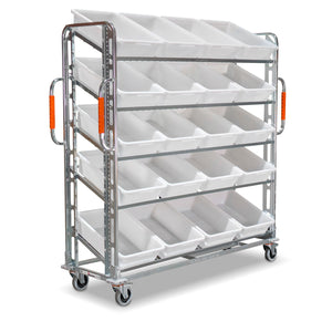 large jumbo order picking trolley with sloping angled shelves and 20 totes 