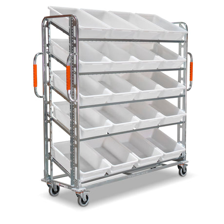 large jumbo order picking trolley with sloping angled shelves and 20 totes 