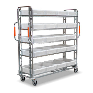 large jumbo order picking trolley with level shelves and 20 totes 