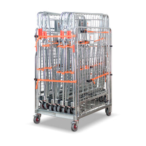 2 sided roll cage euro pallet size. Open position with 4 roll cages stacked inside