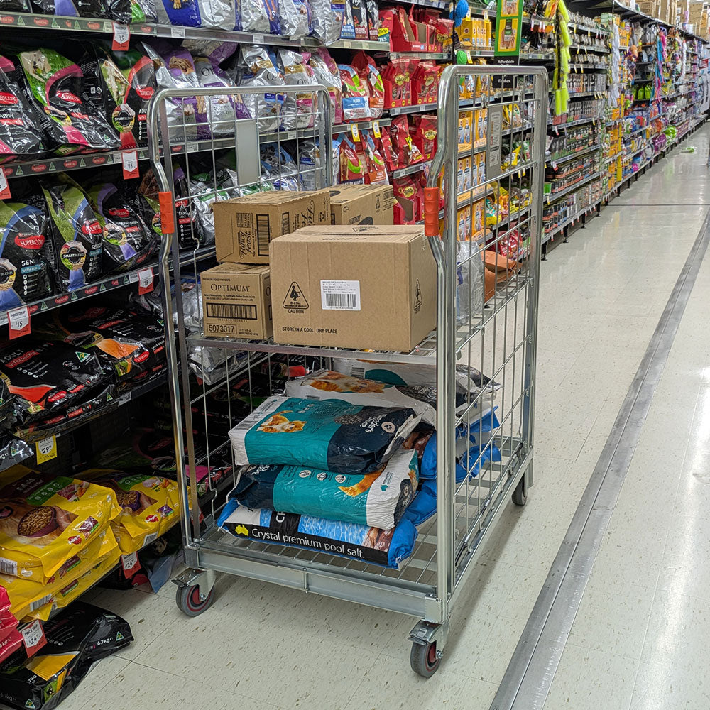 Foldia cage filled with bulk supplies in a store aisle