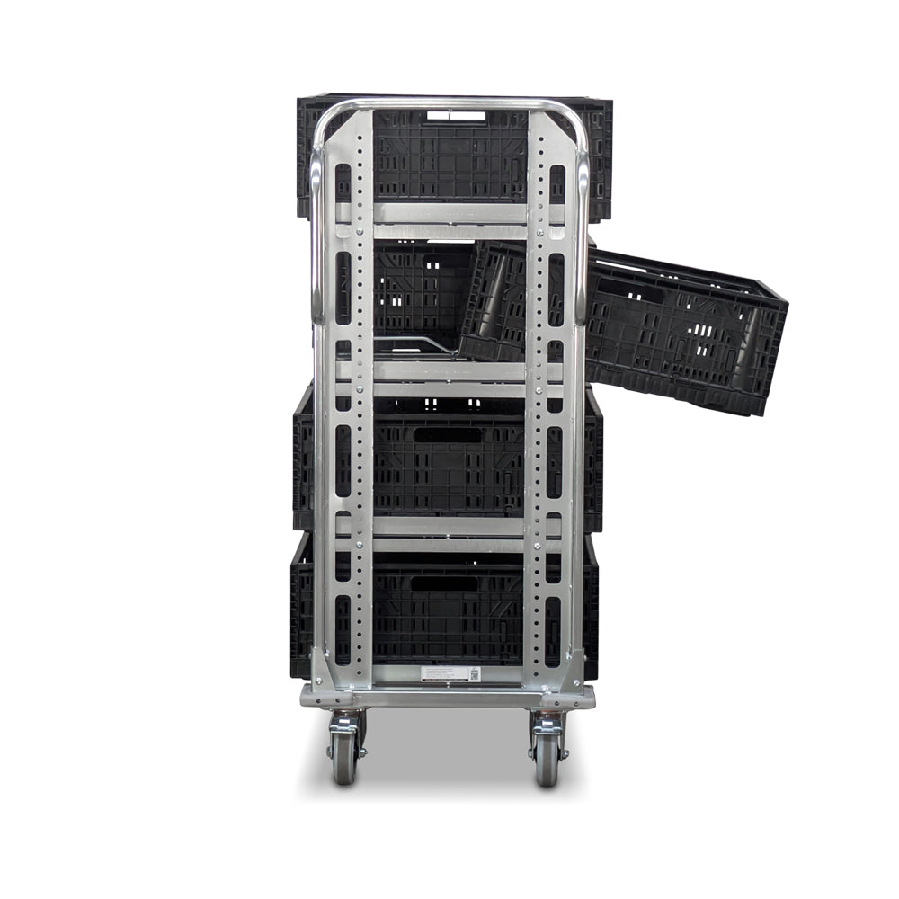 order picking trolley with 8 collapsible tote crates - end view with a crate half out right side