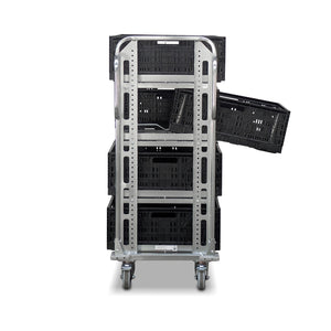 order picking trolley with 8 collapsible tote crates - end view with a crate half out right side