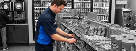 convenience store clerk restocking shelves