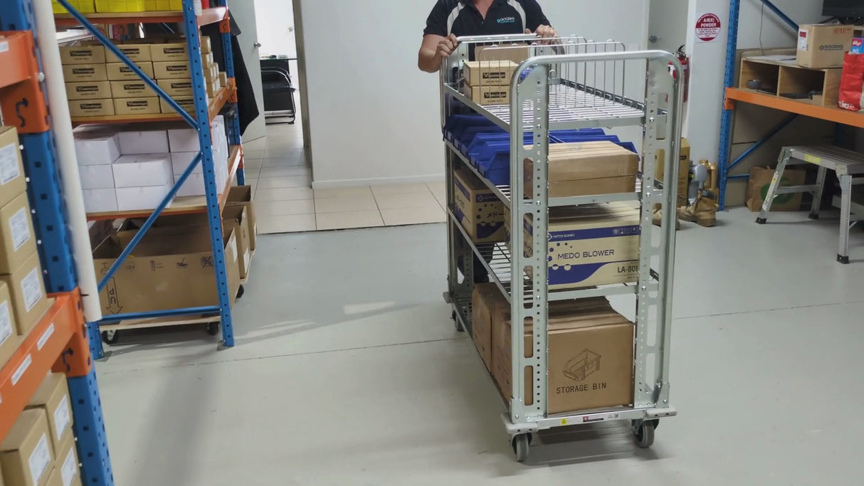 Warehouse 3PL order picking & fulfilment trolley with 3 adjustable shelves. 530mm(W) x 1,300mm(D) x 1,290mm(H)