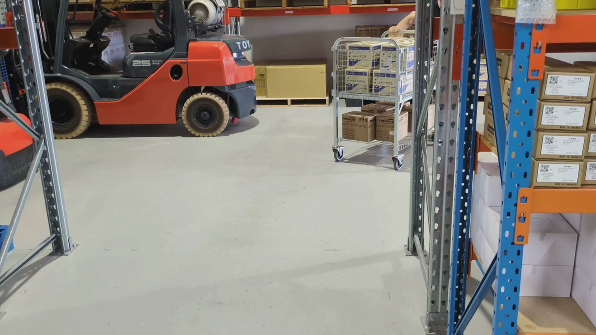 Mesh cage trolley with fold down sides. 250kg capacity. 985mm(L) x 680mm(W) x 1,145mm(H)